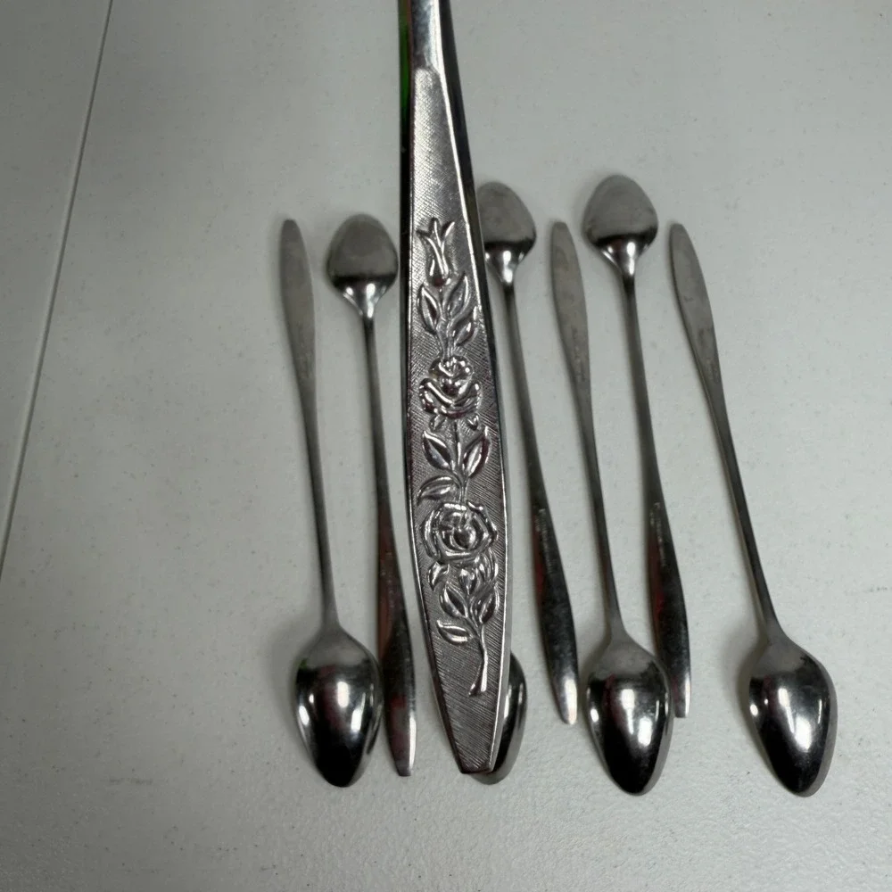 Eldan Iced Tea Spoons Set of 8 Rose Floral Embossed Japan Stainless Steel MCM